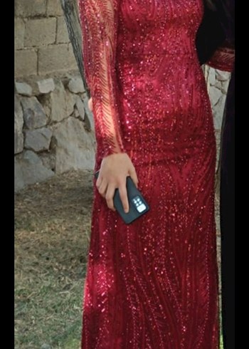 Bordo Uzun Kollu Drapeli Abiye Elbise özel dikim yapıldı - Görsel 4