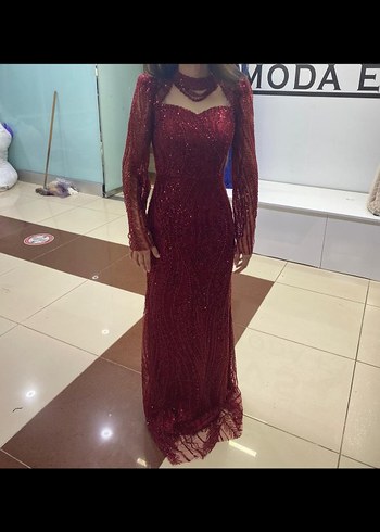 Bordo Uzun Kollu Drapeli Abiye Elbise özel dikim yapıldı - Görsel 3