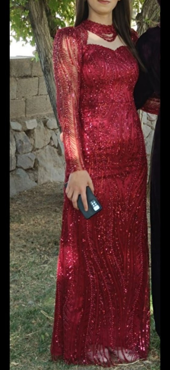 Bordo Uzun Kollu Drapeli Abiye Elbise özel dikim yapıldı - Görsel 4