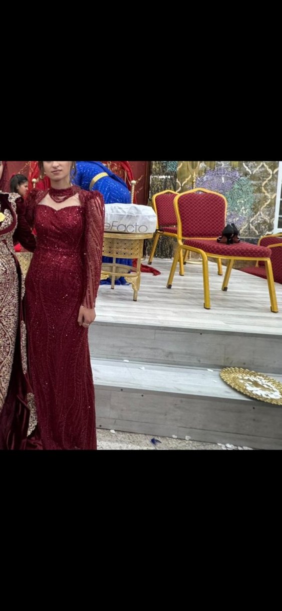 Bordo Uzun Kollu Drapeli Abiye Elbise özel dikim yapıldı - Görsel 2