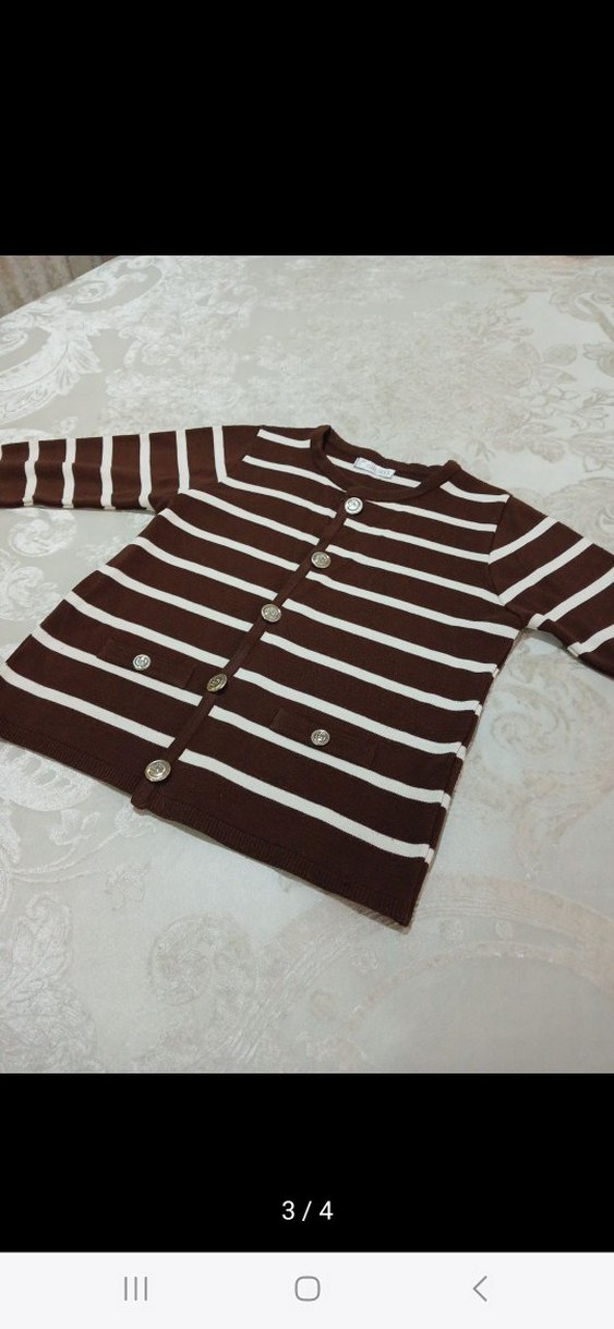 Kahverengi Çizgili Düğmeli Kazak - Görsel 2