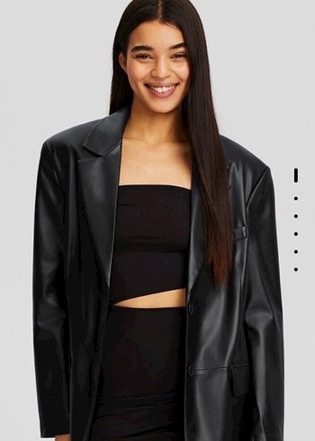 Düğmeli Siyah Deri Kadın Ceket - Görsel 2