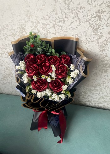 Bordo Saten Kurdeleli çiçek buketi - Görsel 4