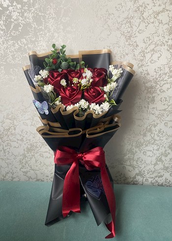 Bordo Saten Kurdeleli çiçek buketi - Görsel 3