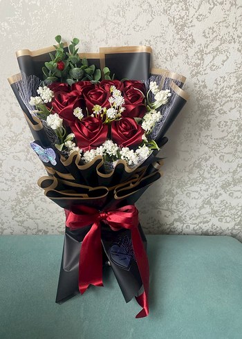 Bordo Saten Kurdeleli çiçek buketi - Görsel 2