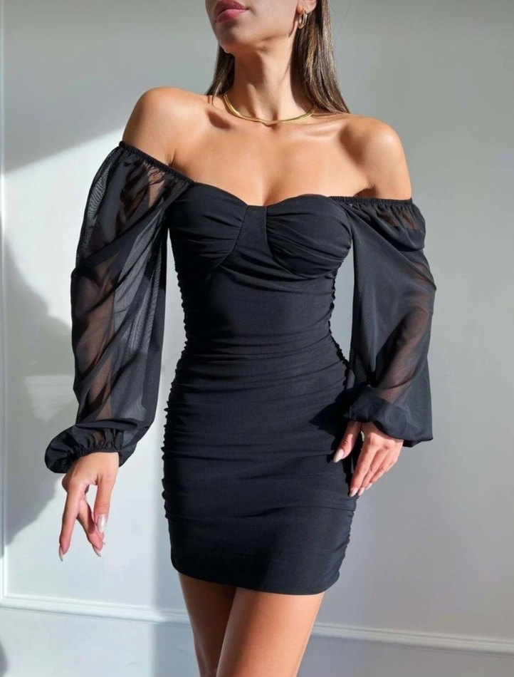 Şeffaf Strappy Kollu Siyah Mini Elbise - Görsel 2