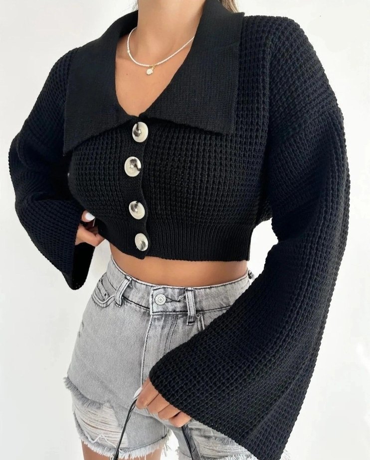 Düğmeli Siyah Mini Triko Kazak - Görsel 2