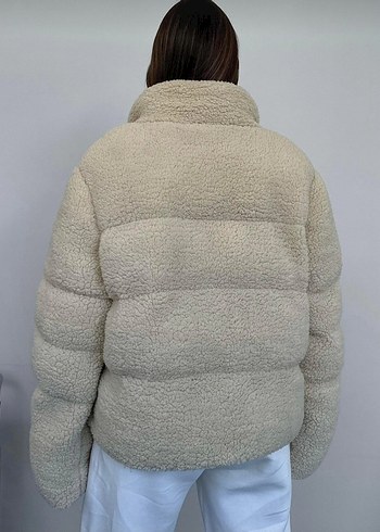 Beyaz Kadın Peluş Kışlık Mont Yüksek Yaka - Görsel 2