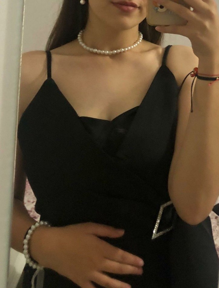 Siyah Askılı Saten Uzun Kadın Abiye - Görsel 2