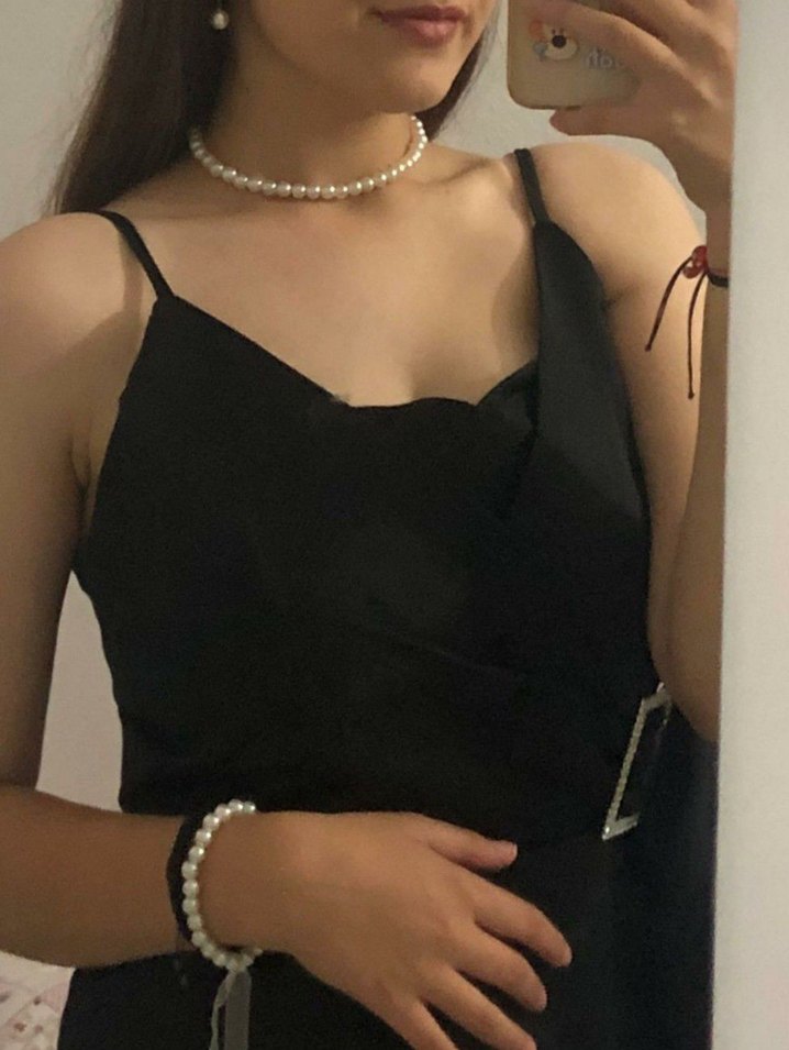 Siyah Askılı Saten Uzun Kadın Abiye - Görsel 5