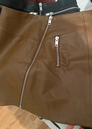 Fermuarlı Kahverengi Deri Mini Etek - Görsel 3