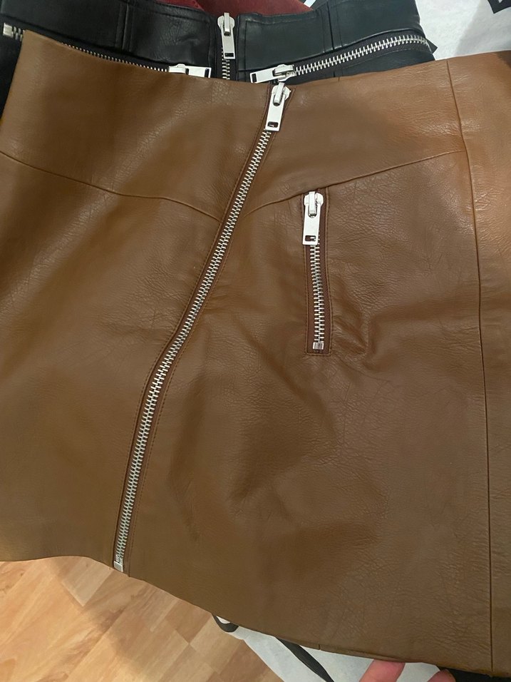 Fermuarlı Kahverengi Deri Mini Etek - Görsel 3