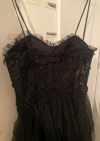 Siyah Nakışlı Straplez Gotik Midi Elbise - Görsel 4