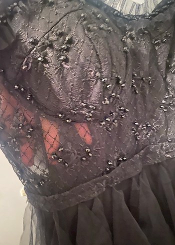 Siyah Nakışlı Straplez Gotik Midi Elbise - Görsel 2