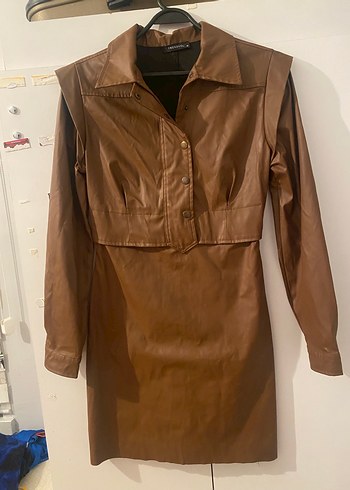 Kadın Kahverengi Deri Uzun Kollu elbise - Görsel 3