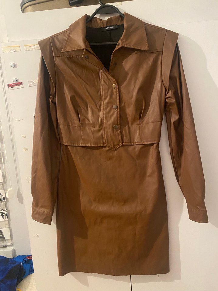 Kadın Kahverengi Deri Uzun Kollu elbise - Görsel 3