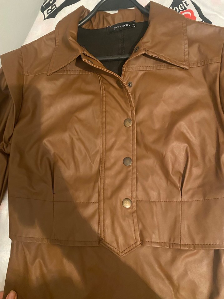 Kadın Kahverengi Deri Uzun Kollu elbise - Görsel 5