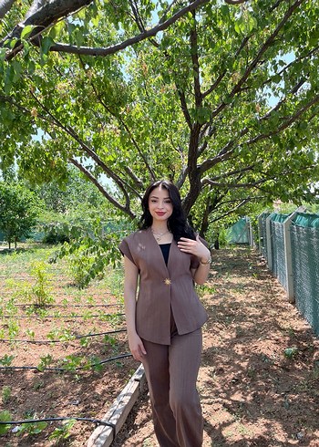 Bej Midi Kadın Takım V Yaka Kısa Kollu - Görsel 2