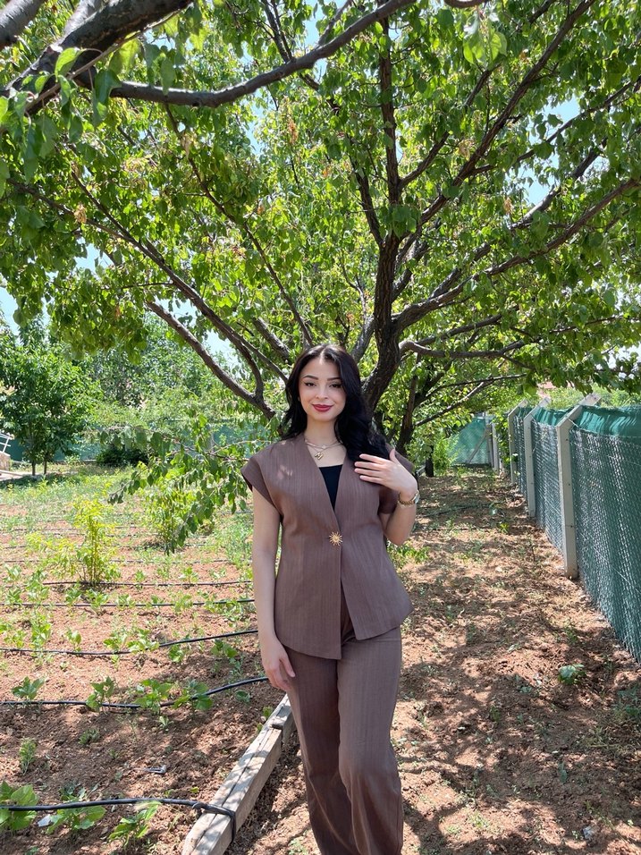 Bej Midi Kadın Takım V Yaka Kısa Kollu - Görsel 2