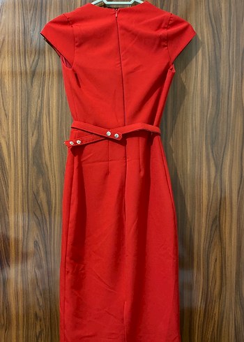 Kemerli Kırmızı Midi Kadın Elbise - Görsel 2