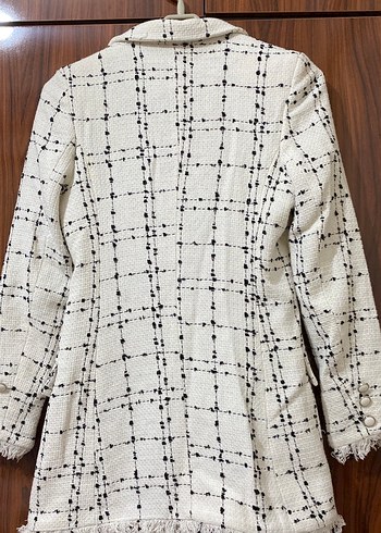 Düğmeli Ekoseli Uzun Kadın Blazer Ceket - Görsel 4