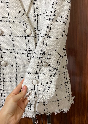 Düğmeli Ekoseli Uzun Kadın Blazer Ceket - Görsel 2