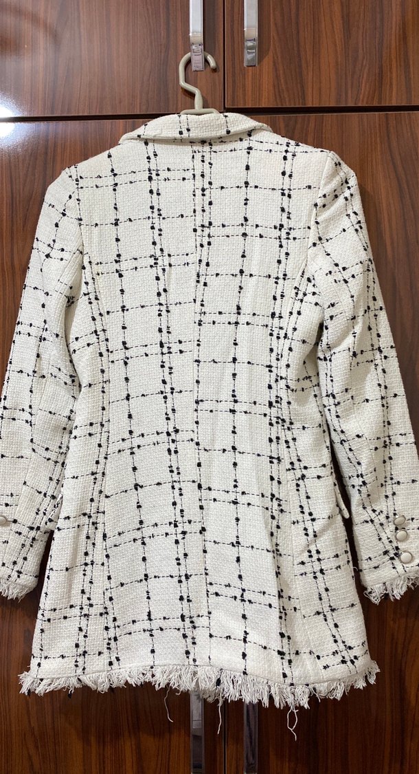 Düğmeli Ekoseli Uzun Kadın Blazer Ceket - Görsel 4