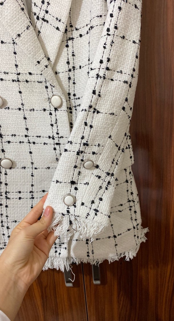 Düğmeli Ekoseli Uzun Kadın Blazer Ceket - Görsel 2