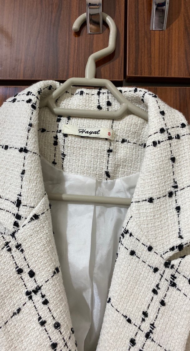 Düğmeli Ekoseli Uzun Kadın Blazer Ceket - Görsel 3