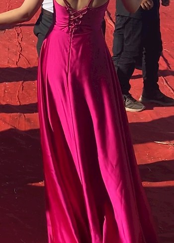 Parlak Pembe Uzun Abiye Elbise - Görsel 3