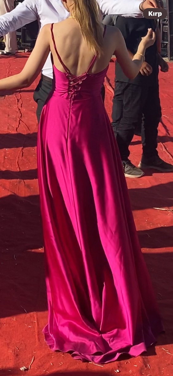 Parlak Pembe Uzun Abiye Elbise - Görsel 3