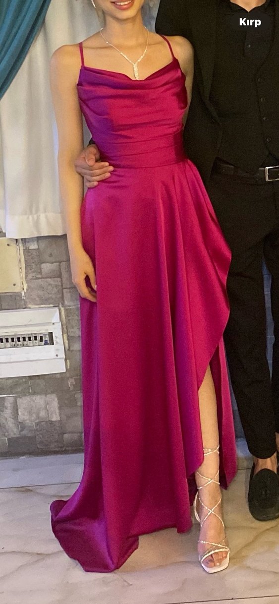 Parlak Pembe Uzun Abiye Elbise - Görsel 2