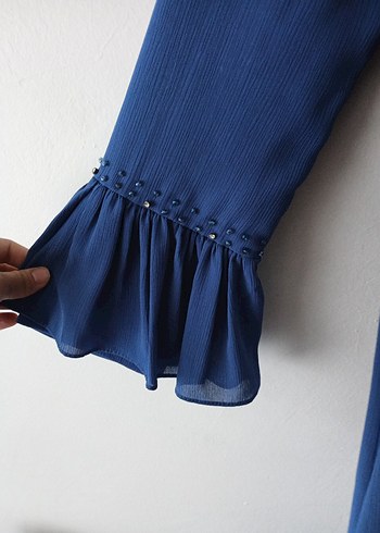 Uzun Kollu Mavi Kadın Elbise - Görsel 5