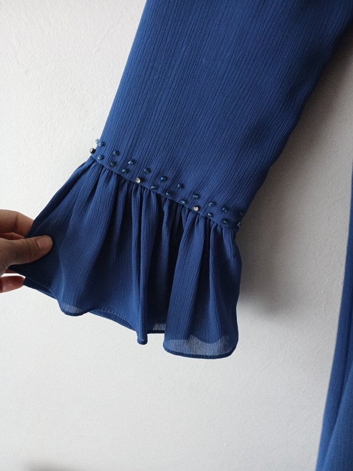 Uzun Kollu Mavi Kadın Elbise - Görsel 5