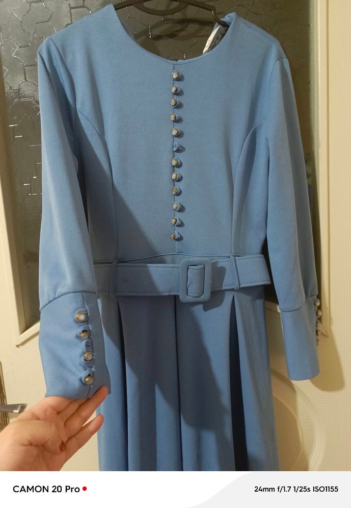 Düğmeli Mavi Uzun Kollu Uzun Elbise - Görsel 2