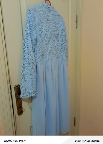 Mavi Nakışlı Uzun Kollu Uzun Elbise - Görsel 5