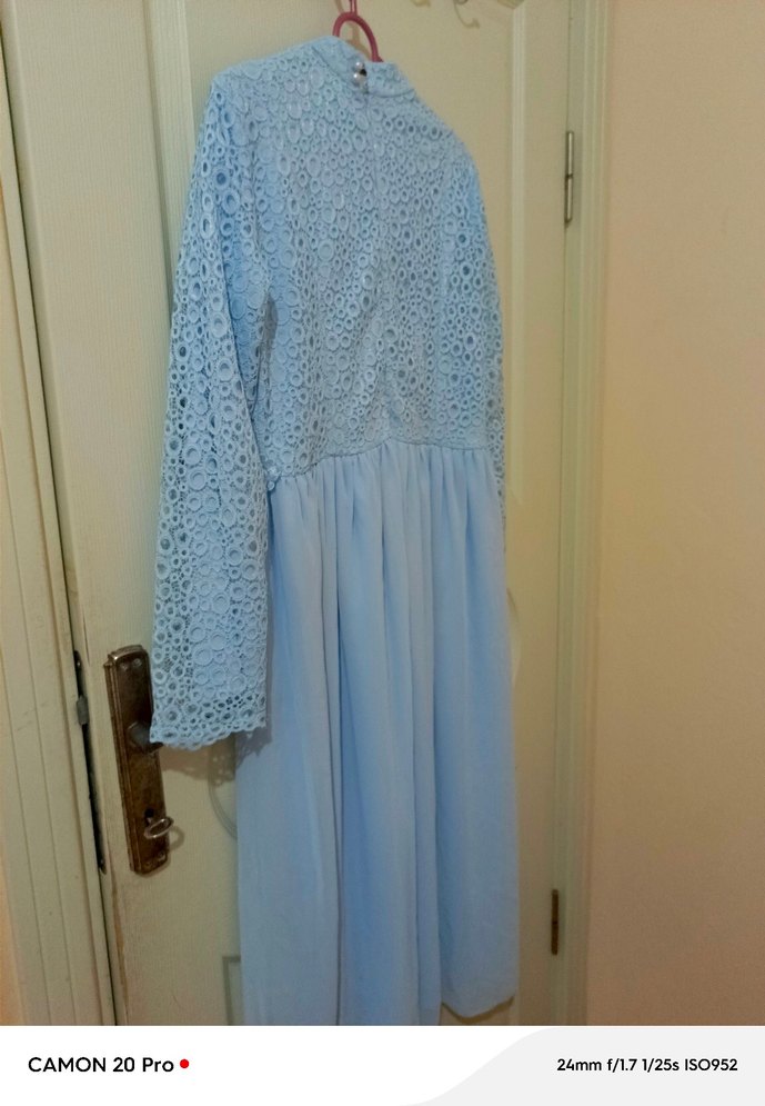 Mavi Nakışlı Uzun Kollu Uzun Elbise - Görsel 5