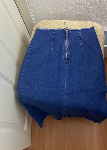 Fermuarlı Yırtmaçlı Mavi Kot Etek - Görsel 2