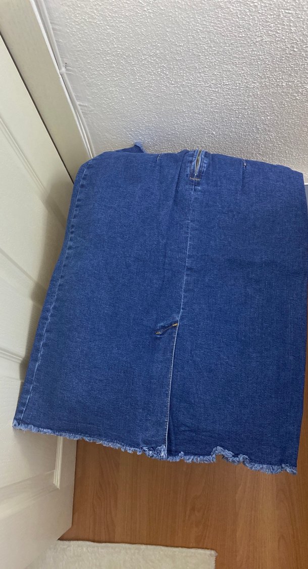 Fermuarlı Yırtmaçlı Mavi Kot Etek - Görsel 3