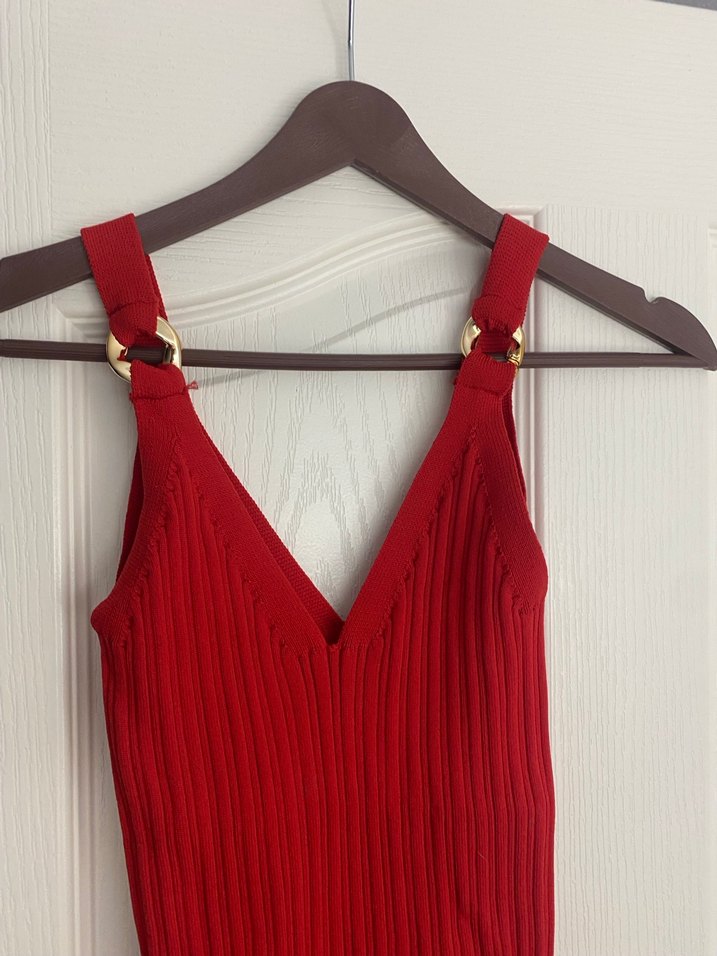 Kırmızı V Yakalı Triko Kadın Bluz - Görsel 2