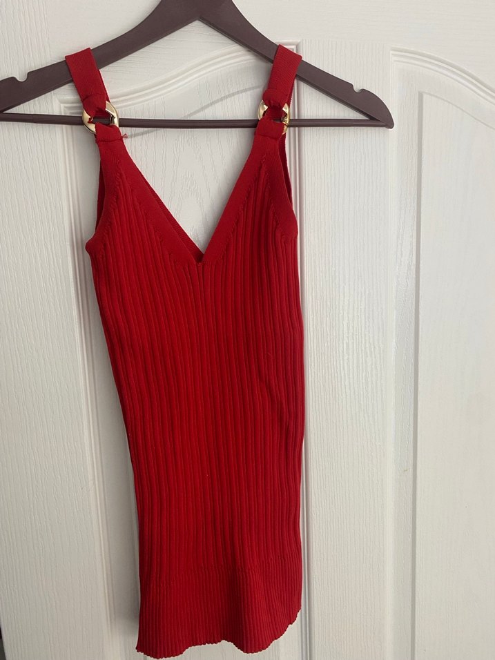 Kırmızı V Yakalı Triko Kadın Bluz - Görsel 3