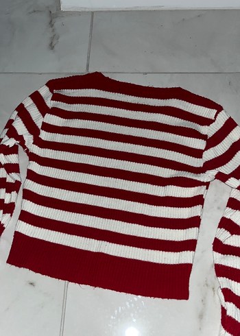 Kırmızı Beyaz Çizgili Triko Kadın Kazak - Görsel 3