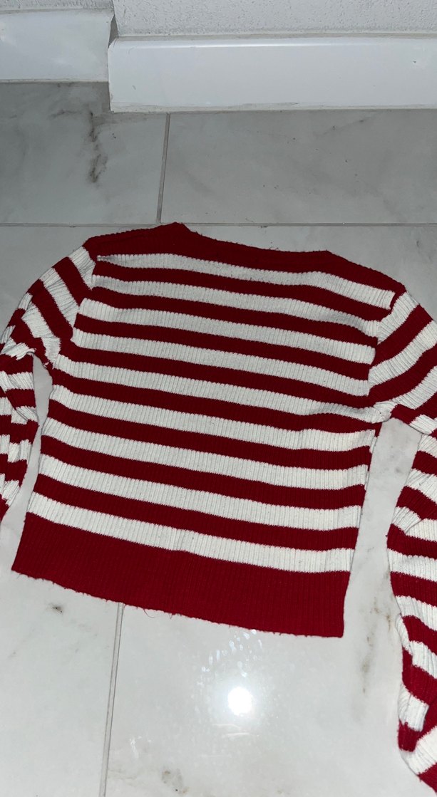 Kırmızı Beyaz Çizgili Triko Kadın Kazak - Görsel 3