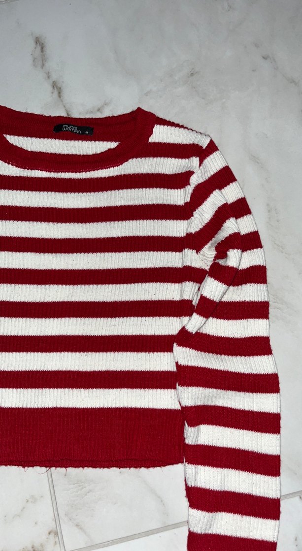 Kırmızı Beyaz Çizgili Triko Kadın Kazak - Görsel 4