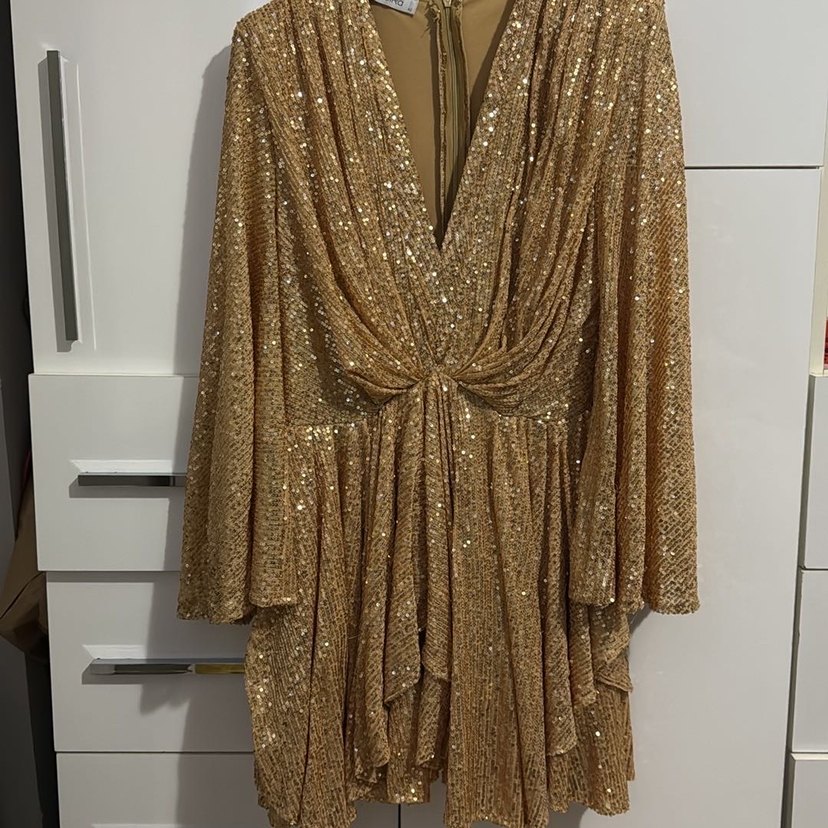 Gira Gold Payetli Geniş Kollu Mini Elbise - Görsel 2