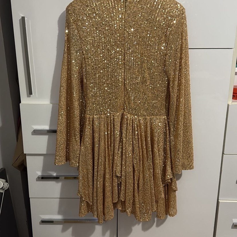 Gira Gold Payetli Geniş Kollu Mini Elbise - Görsel 3