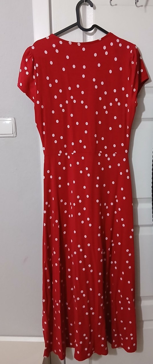 Kırmızı Puantiyeli V Yaka Midi Elbise - Görsel 3