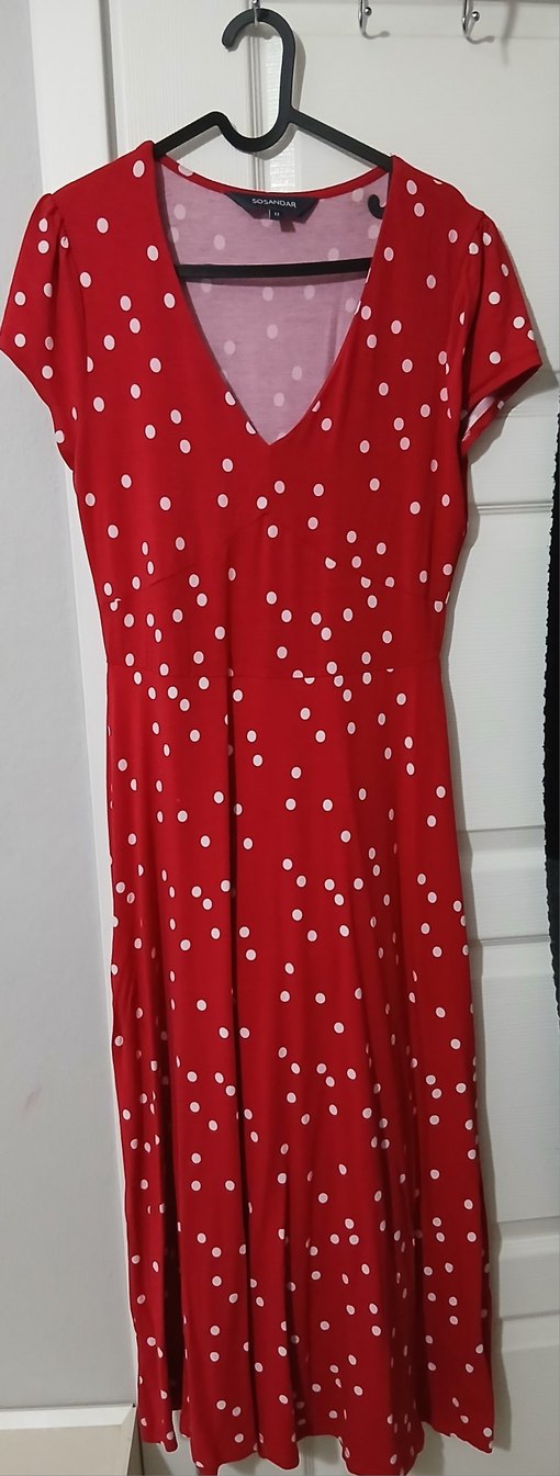 Kırmızı Puantiyeli V Yaka Midi Elbise - Görsel 2