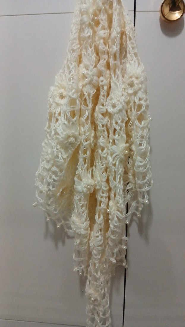 Dantel İşlemeli Beyaz Kadın Şal incili 
gelinlik üstüne süperr - Görsel 3