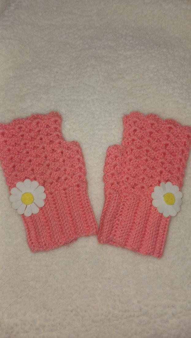 Pembe Örgü Çiçekli Parmaksız Eldiven - Görsel 2